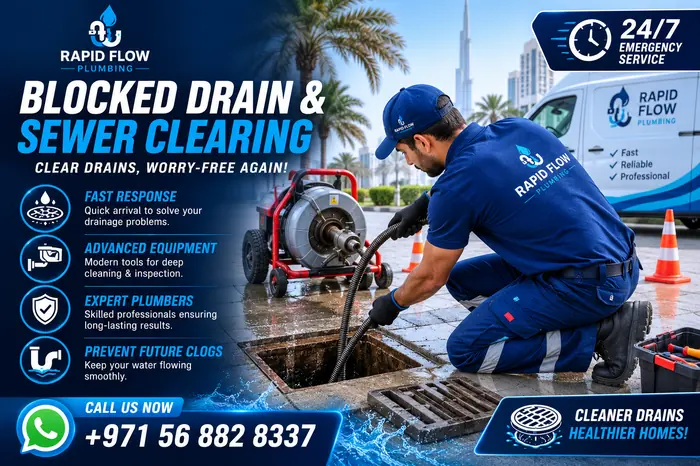 Rapid Flow Plumbing technician clearing a blocked drain and sewer line in Dubai