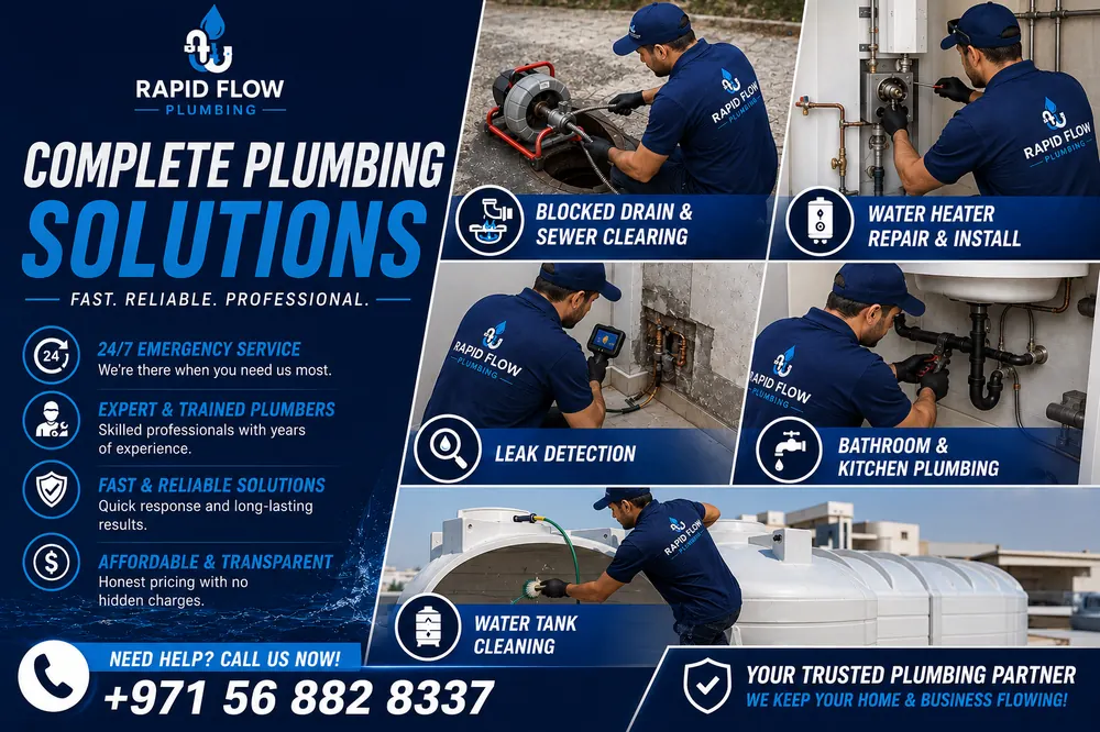 Rapid Flow Plumbing complete plumbing solutions — blocked drain clearing, water heater repair, leak detection, bathroom and kitchen plumbing, and water tank cleaning in Dubai